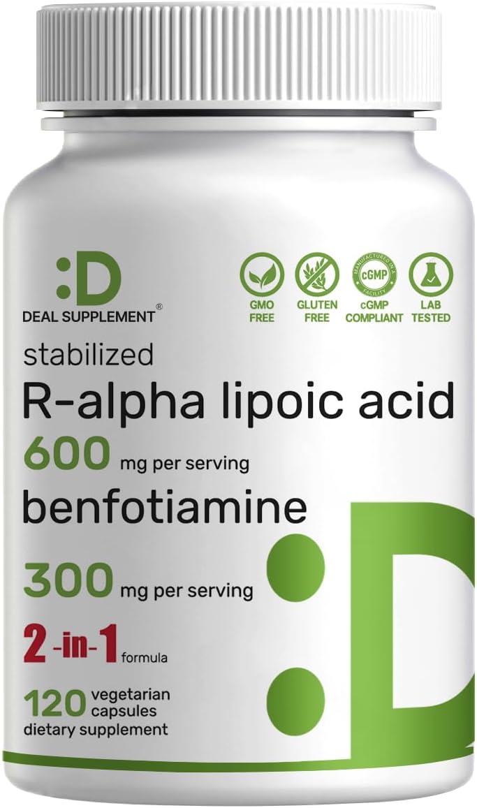 DEAL SUPPLEMENT R Alpha Lipoic Acid 600mg with Benfotiamine 300mg Per Serving, 120 Veggie Capsules – 200mg R-ALA Per Capsule – Antioxidant Supplement for Energy & Nervous System Support
