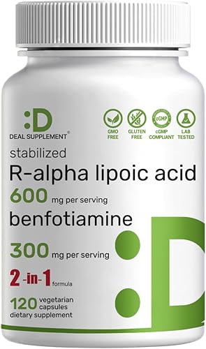 DEAL SUPPLEMENT R Ácido alfa lipoico 600 mg con benfotiamina 300 mg por porción, 120 cápsulas vegetales – 200 mg de R-ALA por cápsula – Suplemento