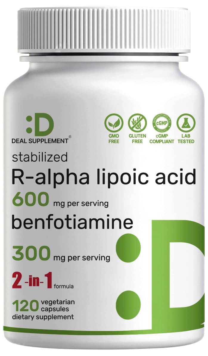 DEAL SUPPLEMENT R Alpha Lipoic Acid 600mg with Benfotiamine 300mg Per Serving, 120 Veggie Capsules – 200mg R-ALA Per Capsule – Antioxidant Supplement for Energy & Nervous System Support