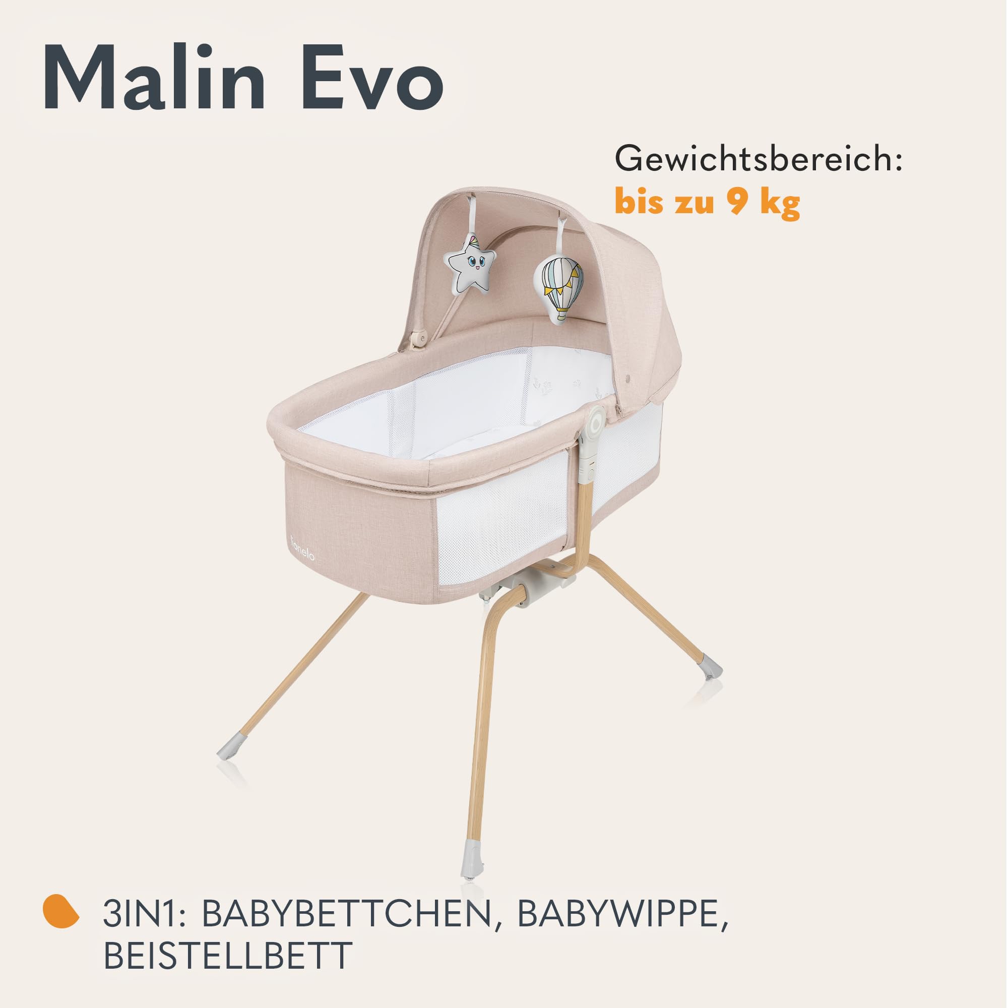 Lionelo Malin Evo Babywiege, Reisebett für Babys mit Matratze | Kinderreisebett, Reisegitterbett, von 0 bis 9 kg, Vordach, Moskitonetz, klappbar, Schaukelsystem, Liegeverstellung, schnelle