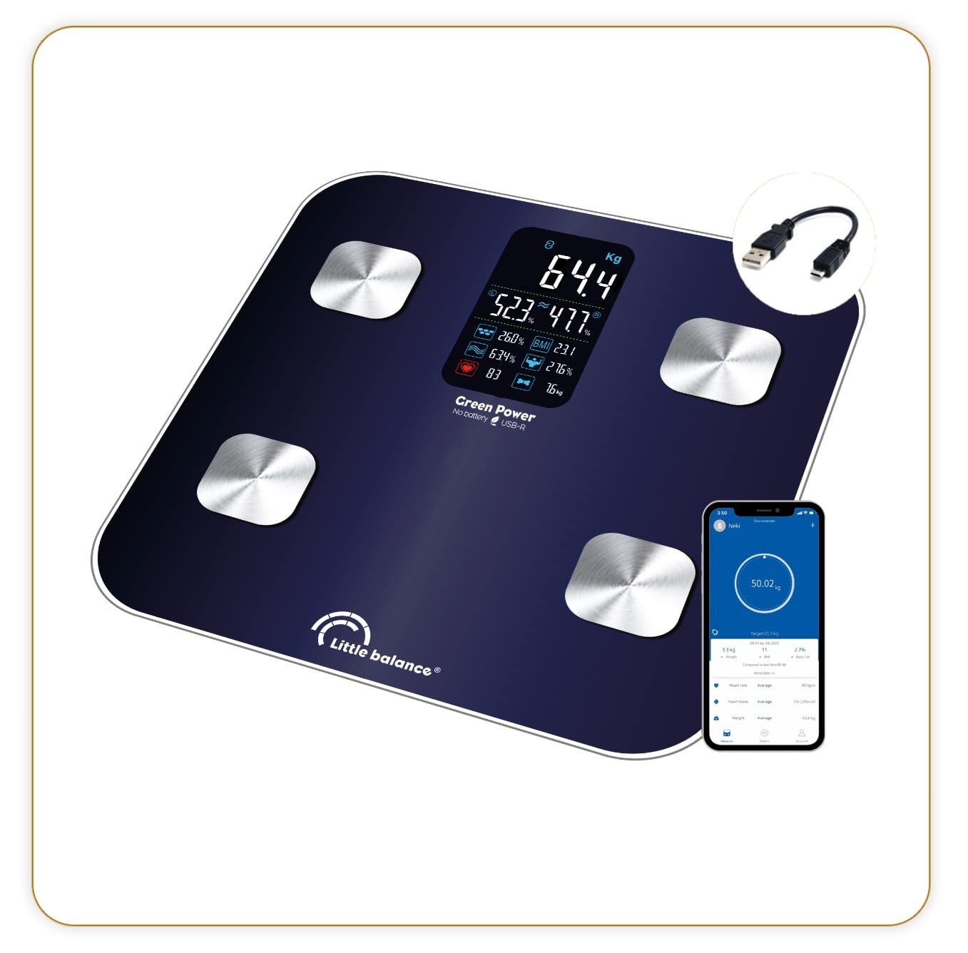 LITTLE BALANCE 8661Cardio X4 USB-R, Impédancemètre connecté sans pile, Rechargeable USB, Réparable, 180 kg, Bleu nuit