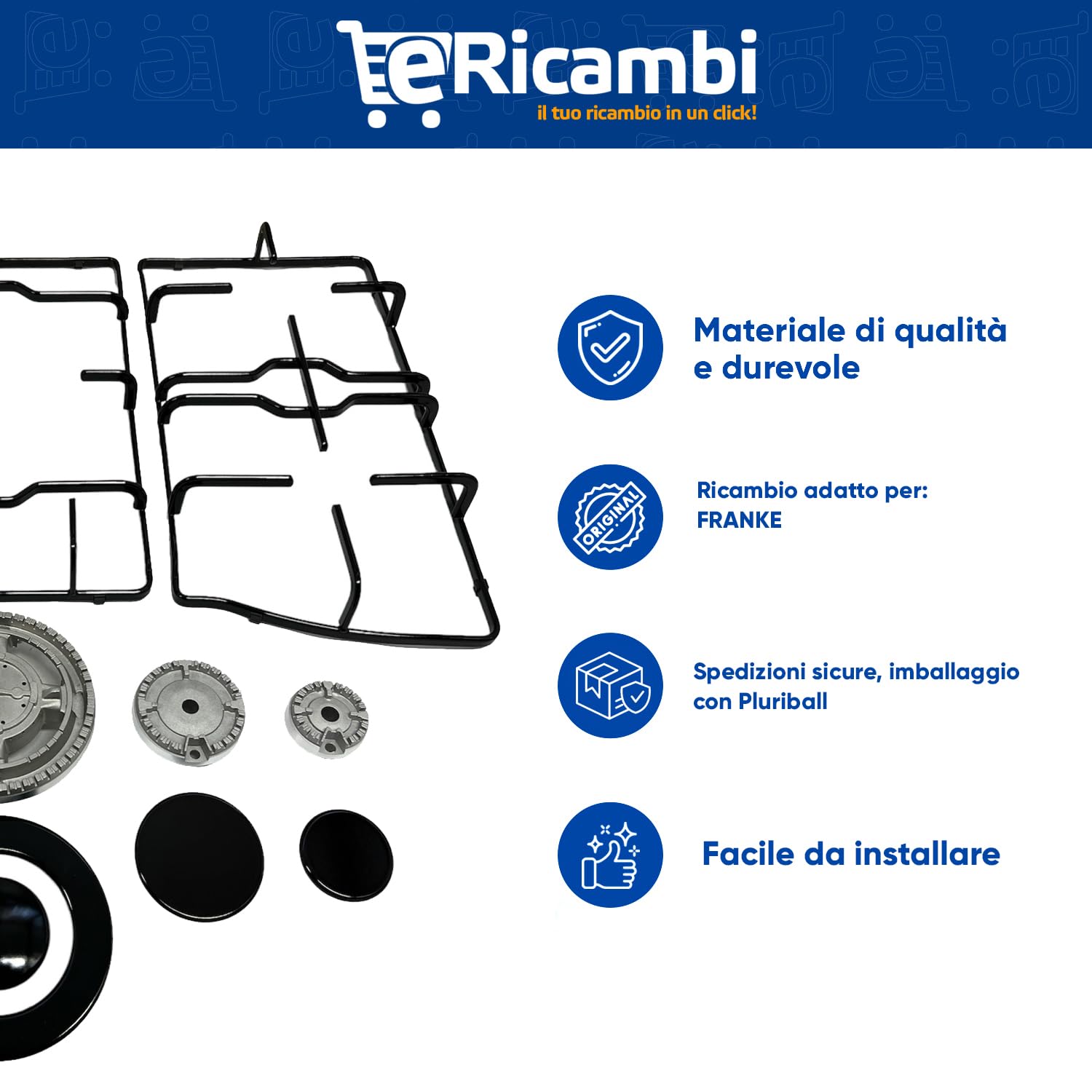 eRicambi®, Kit Sostituzione Franke Trend Set Completo, 3 Griglie + 5 Fornelli Cucina, Completi di Piattelli e Bruciatori. Dimensioni Griglia DX/SX 422x212 (mm) Griglia Centrale 390x230 (mm)