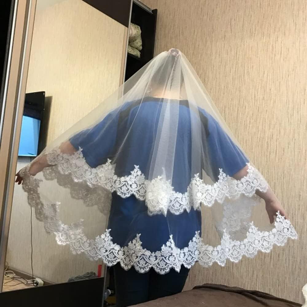 Veli 2 Strati Velo da Sposa Corto in Pizzo Tulle con Pettine Tulle da Sposa Bling Paillettes Velo da Sposa in Pizzo Velo da Spalla Semplice