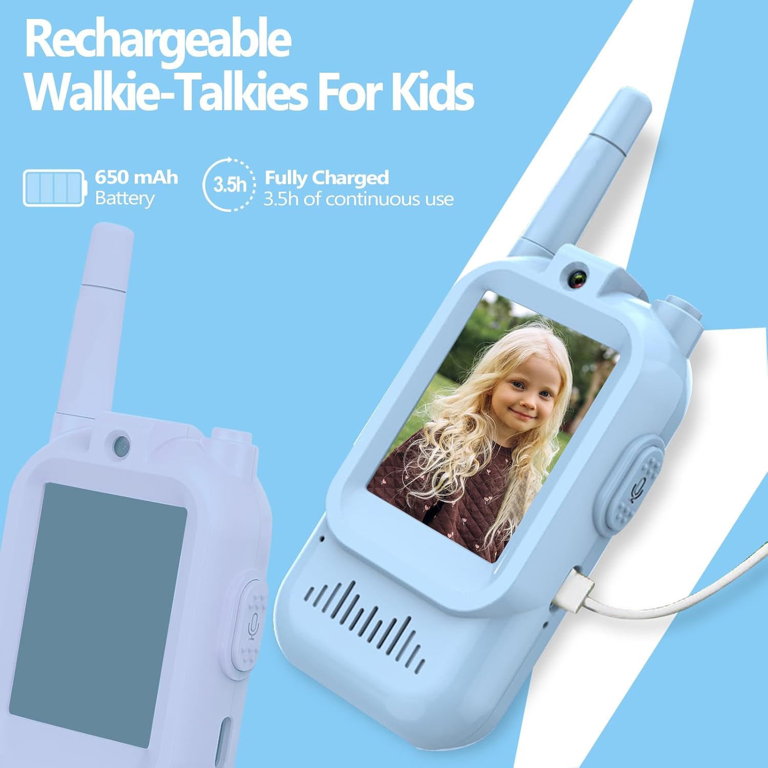 Video Walkie Talkies for Kids, Rechargeable Kids Walkies Talkies 2 Pack, Indoor Outdoor Toys for Game Party Camping, Christmas Birthday for Aged 3 4 5 6 7 8 9 Girls Boys,Blue&Blue