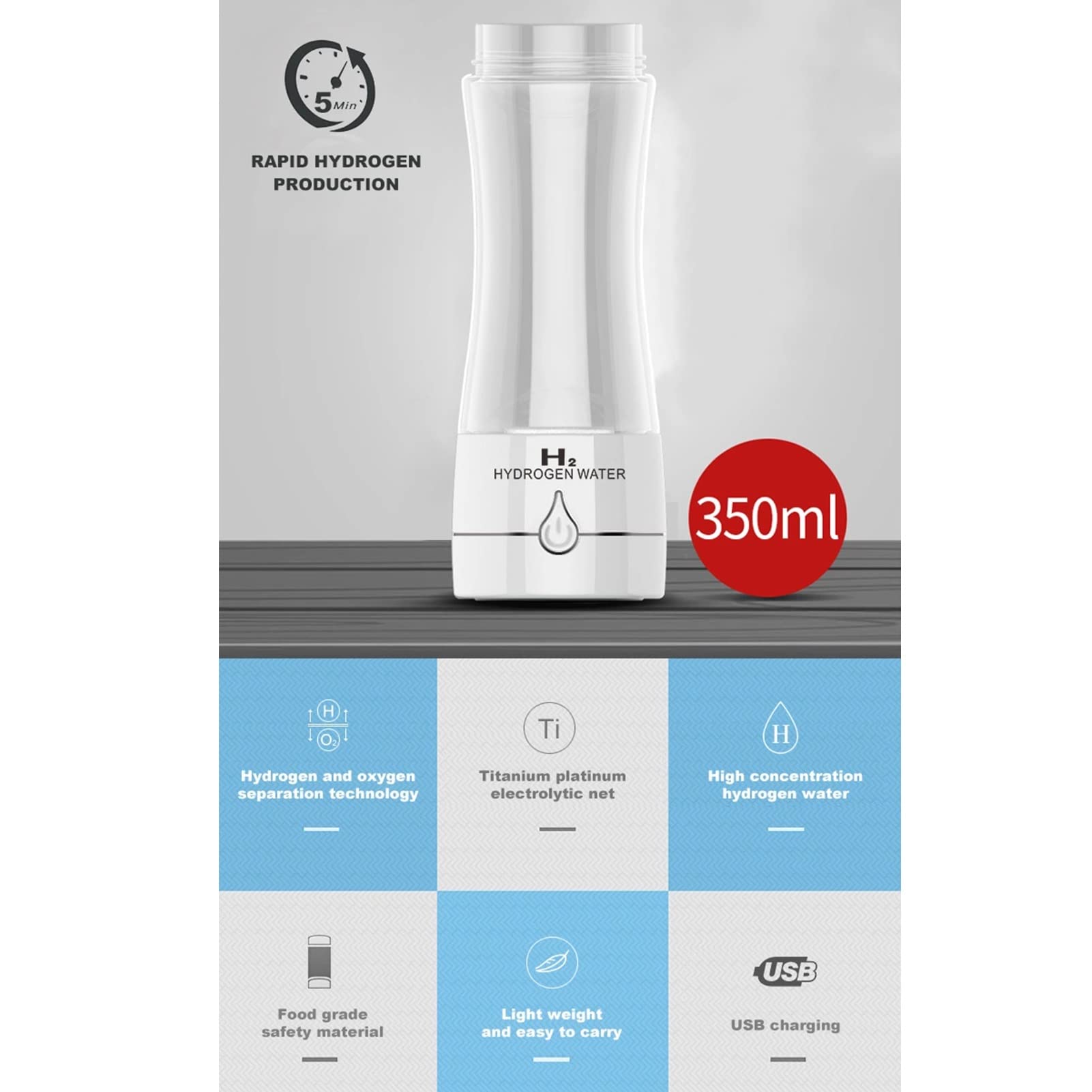 Bouteille d'eau alcaline Riche hydrogène H2, générateur d'eau à hydrogène Portable avec ioniseur, Technologie à Double Chambre SPE et PEM, rejet Chlore jusqu'à 3000 ppb, Bouteille Verre 350 ML