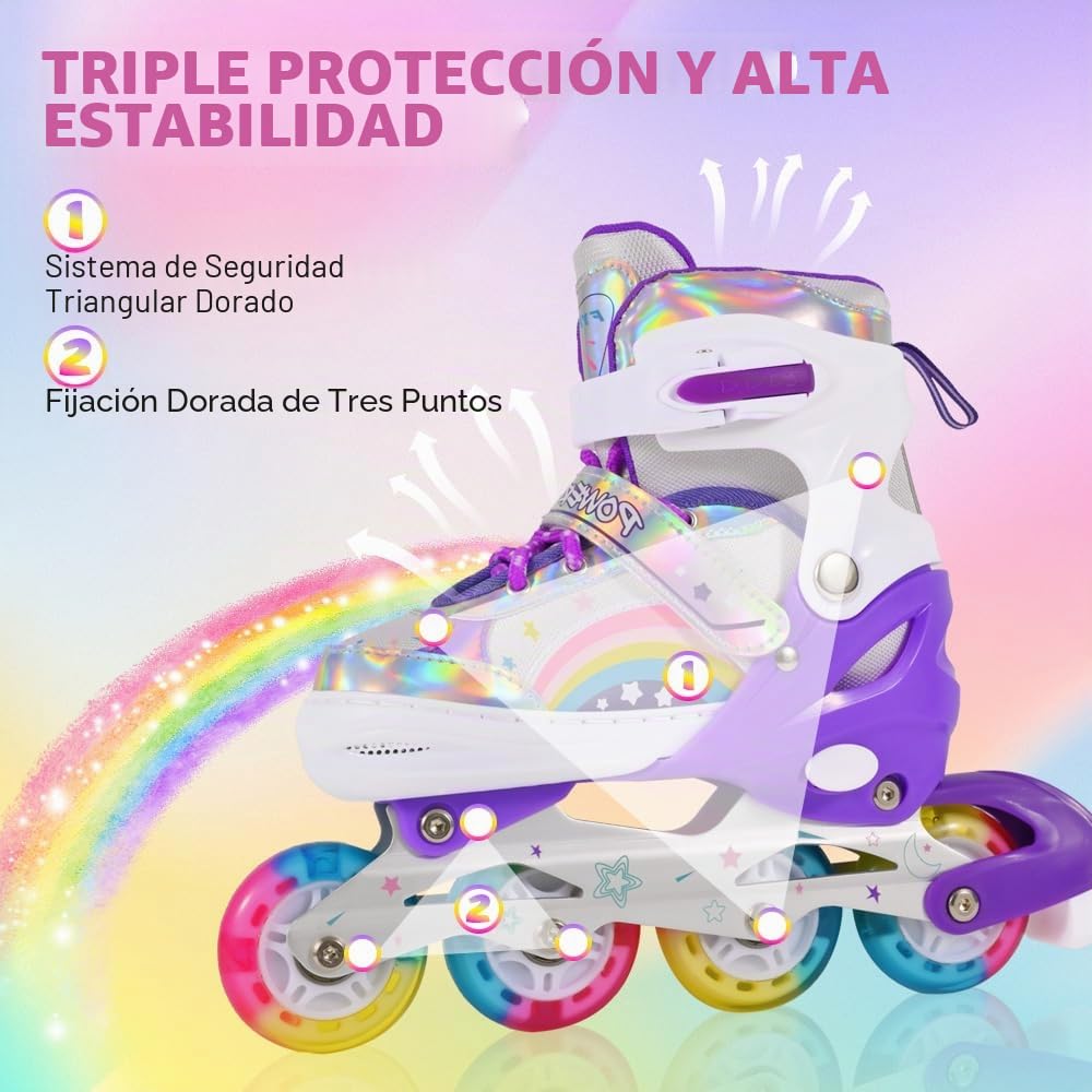 Patines en Línea Ajustables para Niños Principiantes, Patines de Ruedas Violeta Arco Iris