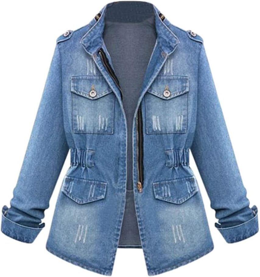 TIMEMEAN Women Plus Size Casual Ladies Denim Oversize Jeans Chain Jacket Pocket Coat
