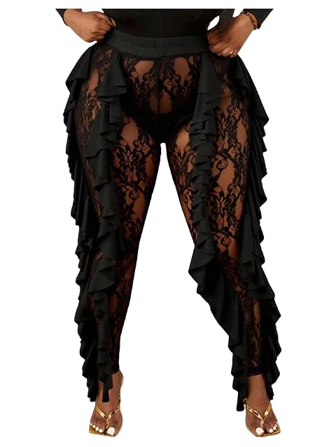 Floerns Womens Plus Size Floral Lace Leggings Elastic High Waisted Concert Club Skinny Pants