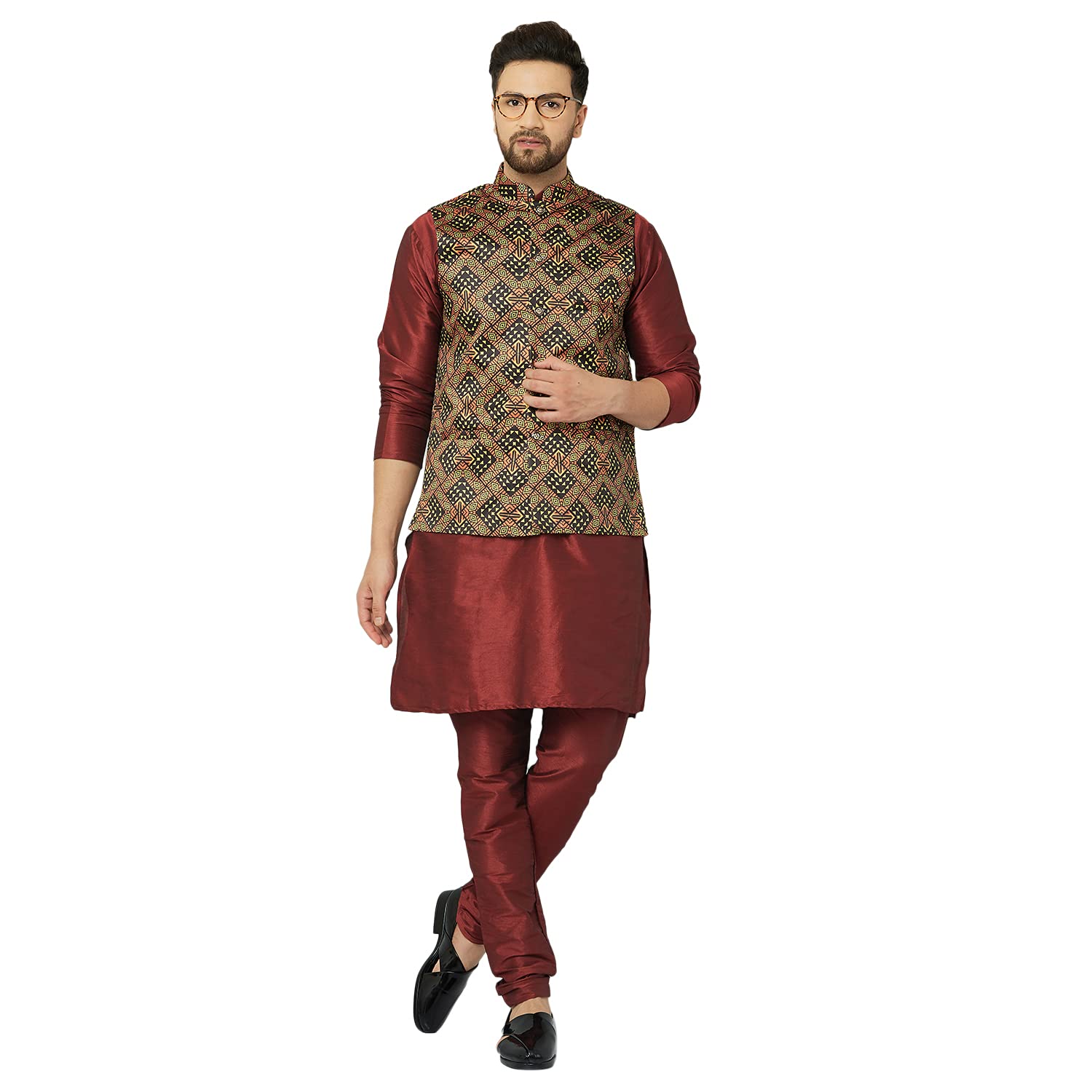 Men Kurta Pyjama And Printed Nehru Jacket Set.-image-3