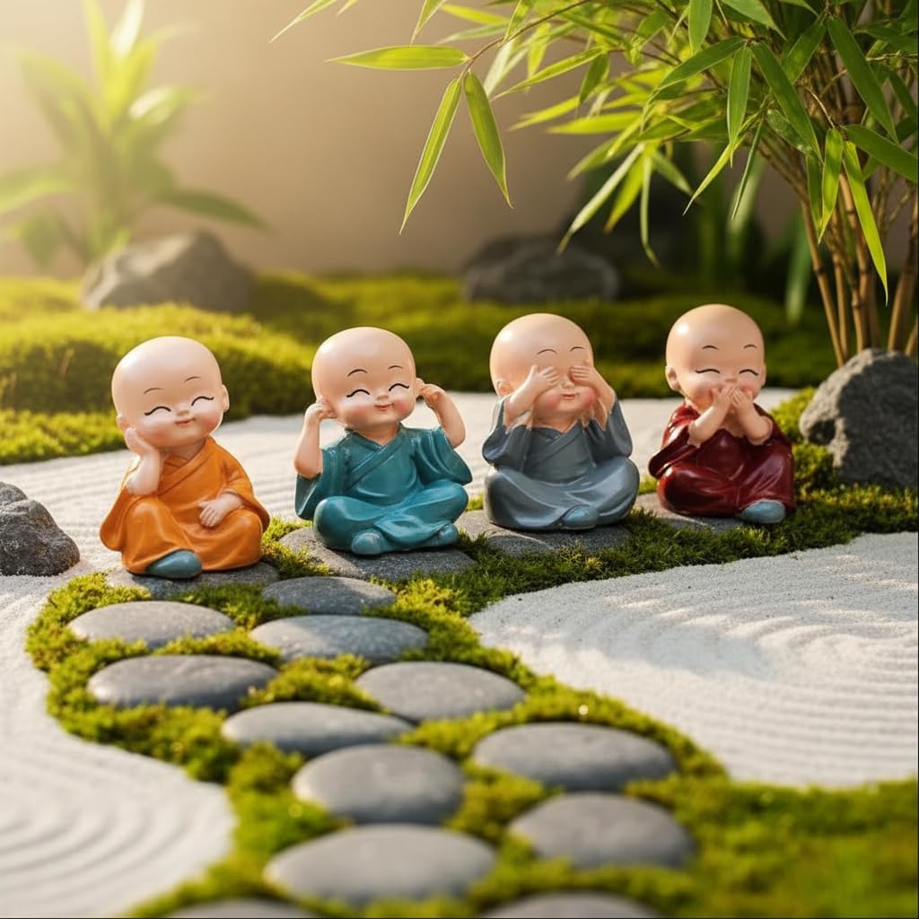 Oblivion Buddha Monk Statues Set of 4 – Miniature Buddha Monk Statues for Home Decor and Gifts, Multicolour Resin Showpiece for Indoor | Cute Monk Figurines | Ideal Gift for Birthday 1
