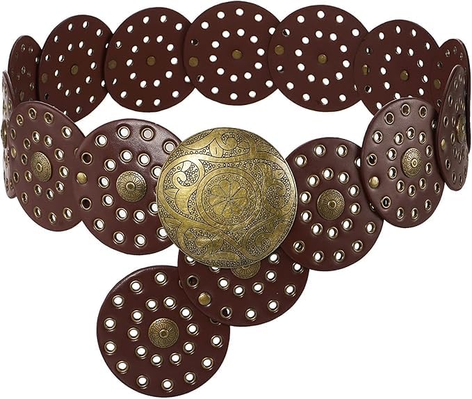 Ssumday Western Leather Belts for Woman Concho Cowgirl Cowboy Disc Belt for Ladies Wide Boho Country Waist Belts for Dress(YPPDTZ-S)