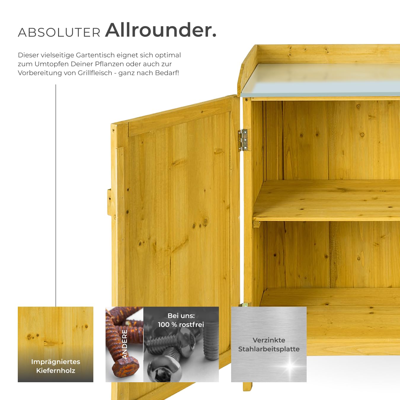tectake® Pflanztisch Outdoor, Balkontisch mit Unterschrank aus Holz, 98 x 48 x 95 cm, Gartenschrank, Balkonschrank mit verzinkter Arbeitsplatte, Aufbewahrungsschrank für Garten mit 2 Regalböden