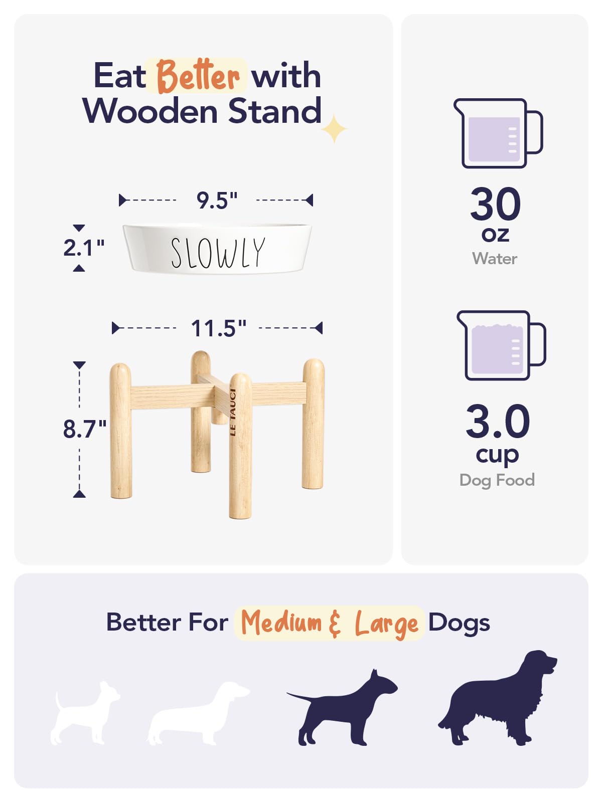 Tazones de alimentación lenta para perros, cuenco de alimentación lenta para perros con soporte de madera para razas medianas y grandes, cuenco elevado de cerámica para perros para ralentizar la