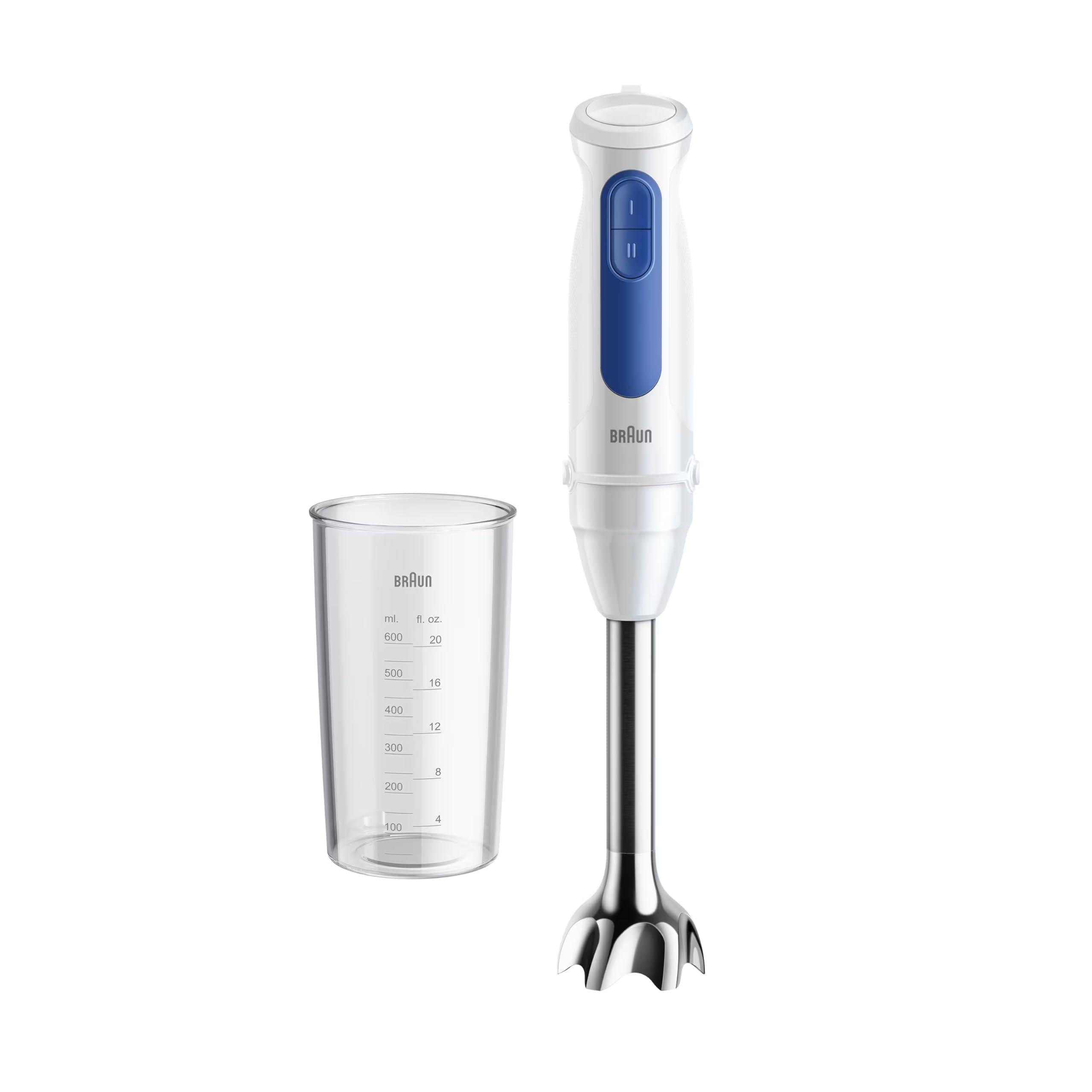 Braun MultiQuick 3 MQ30.001M Minipimer, Frullatore ad Immersione con Asta in Acciaio, 2 Velocità, Dotato di Bicchiere graduato 600ml, 2 Velocità, Tecnologia Splash Control, Tecnologia Tedesca, 900w