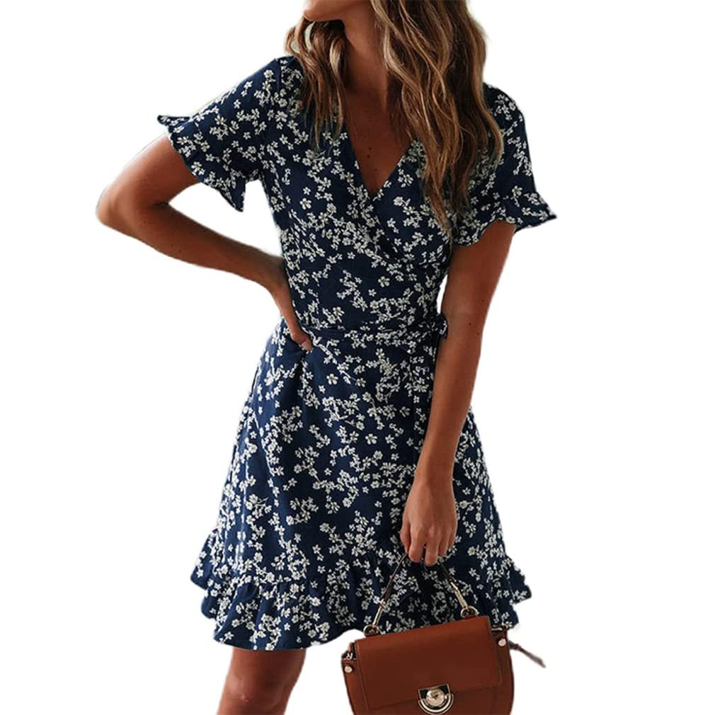 CheChury Mujeres Casual Verano Vestidos 2024 Moda Gasa Cuello en V Magas Cortas Estampado Floral Vacaciones Vestido Elegante Bohemio Vestido de Playa