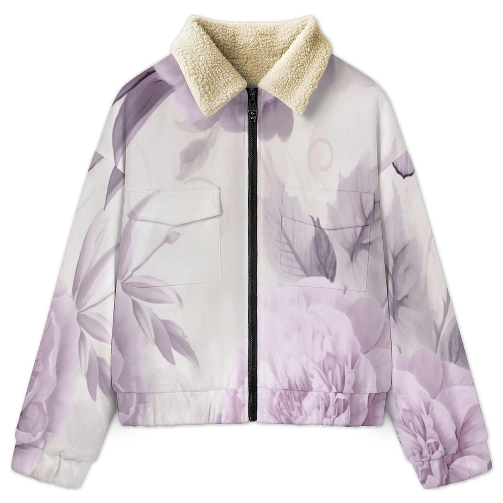 Giacca in Pile da Donna Teddy Fodera Peluche Sherpa con Cerniera, Stampa Rose Peonie, Giacca Elegante floreale Caldo Fleece Maniche Lunghe, Giacche Inverno con Tascabile