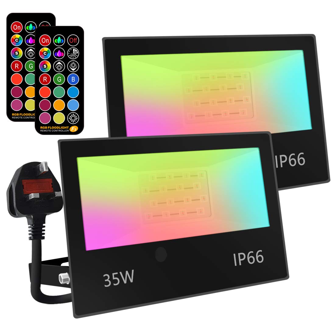 LED Floodlight Outdoor 50W, Colour Changing Flood Lights with Remote Control, Timing, 4 Modes, IP66 Waterproof, UK 3-Plug，2 Pack