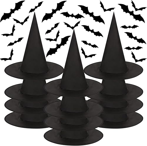CCINEE 12 sombreros de bruja para decoración de Halloween, accesorios de disfraces de bruja colgantes a granel con 120 calcomanías de pared de