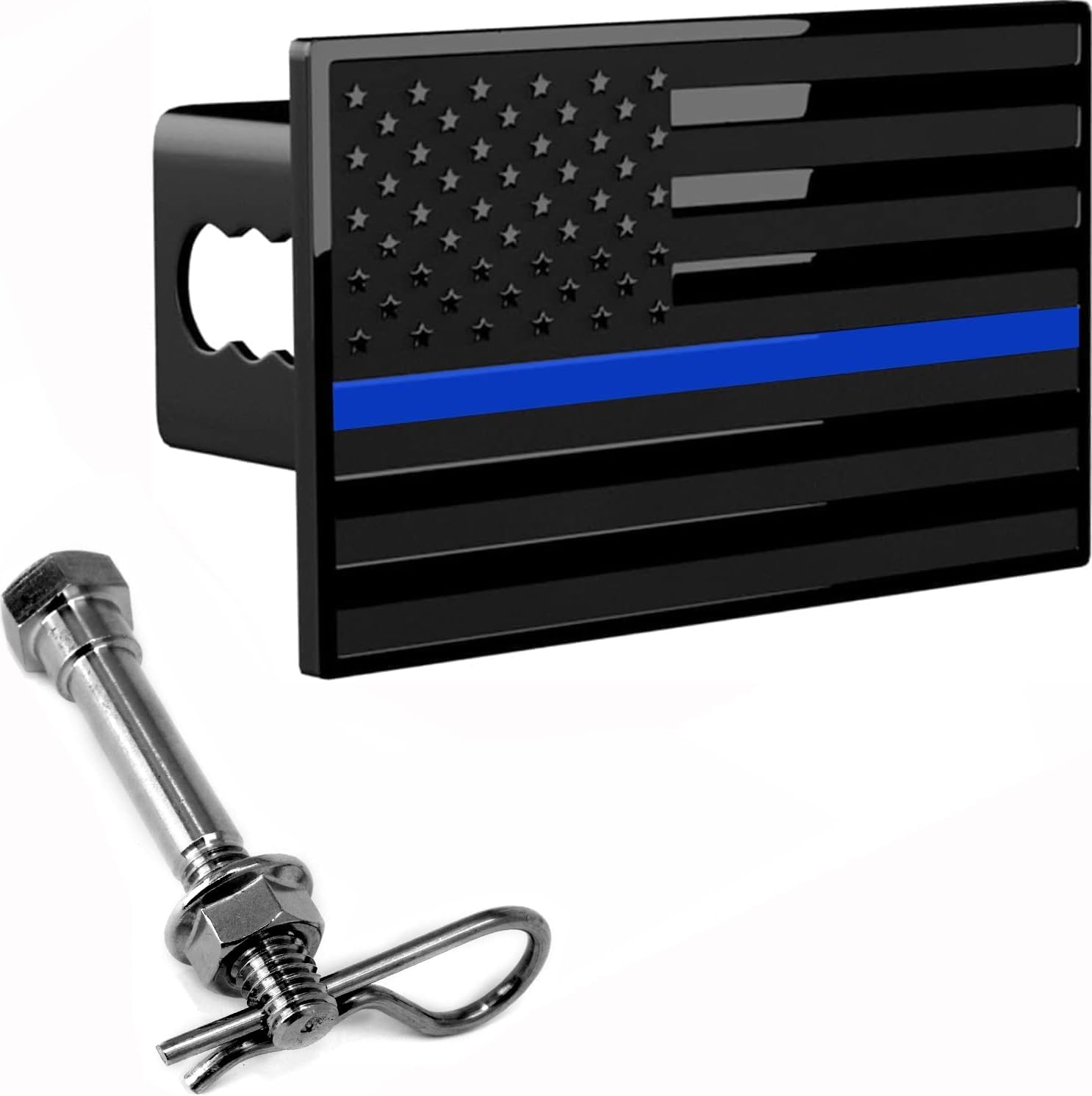 US American Flag Chrome Emblem Trailer Metal Hitch Cover Fits 2" Receivers Black & Black with Thin Blue line