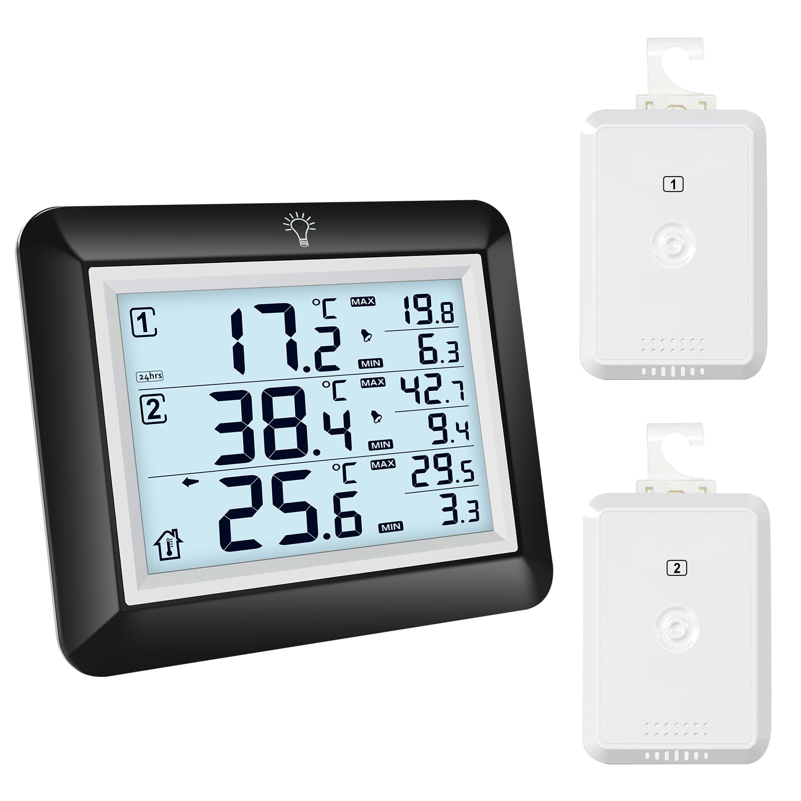 Urageuxy Thermometre Congelateur avec Alarme, Thermomètre de Frigo Congelateur, Prtée 100M, Rétroéclairage, Mesure de -40°C à 60°C, Valeurs Max/Min, Pour Famille et Restaurant
