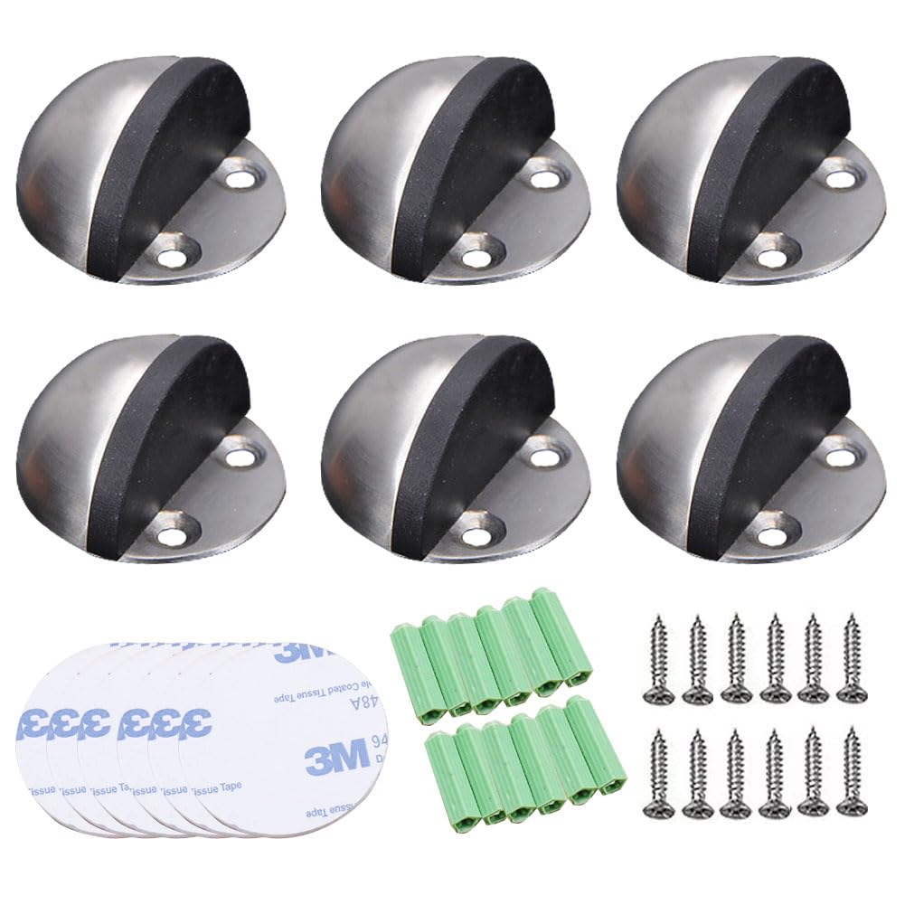 Floor Door Stopper, Brushed Stainless Steel Adhesive Door Stop Sdjdhej 6Pcs Half Dome Floor Door Stop Floor Mounted with Rubber Bumper No Drilling Wall Protector with Screws