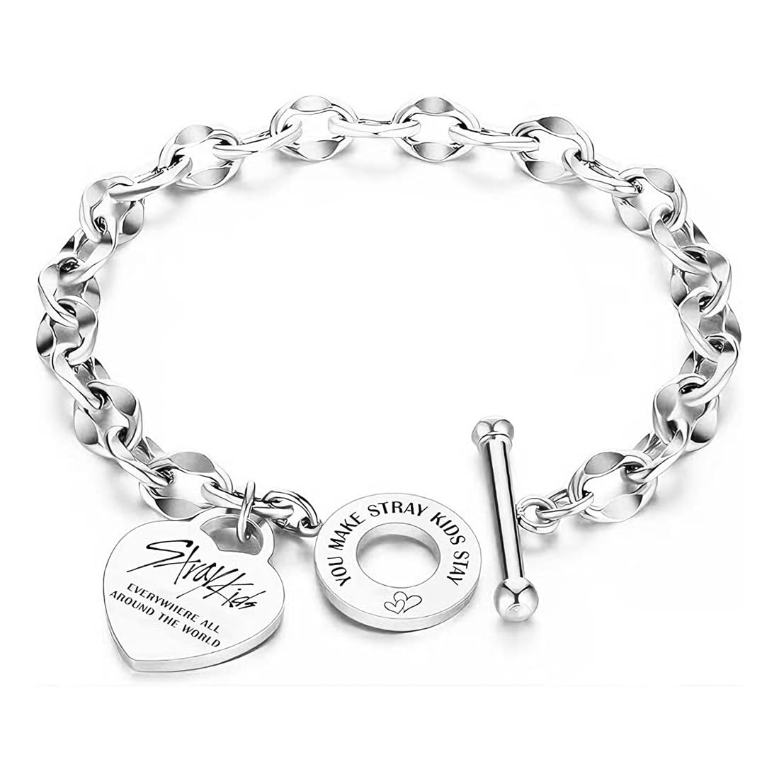 Stay Pulsera de acero inoxidable,Stay-Kids Merch,Pulsera Unisex de Plata,con Colgante de Corazón,Ajustable,Kpop Merchandise,Perfecto para Fans y Regalos