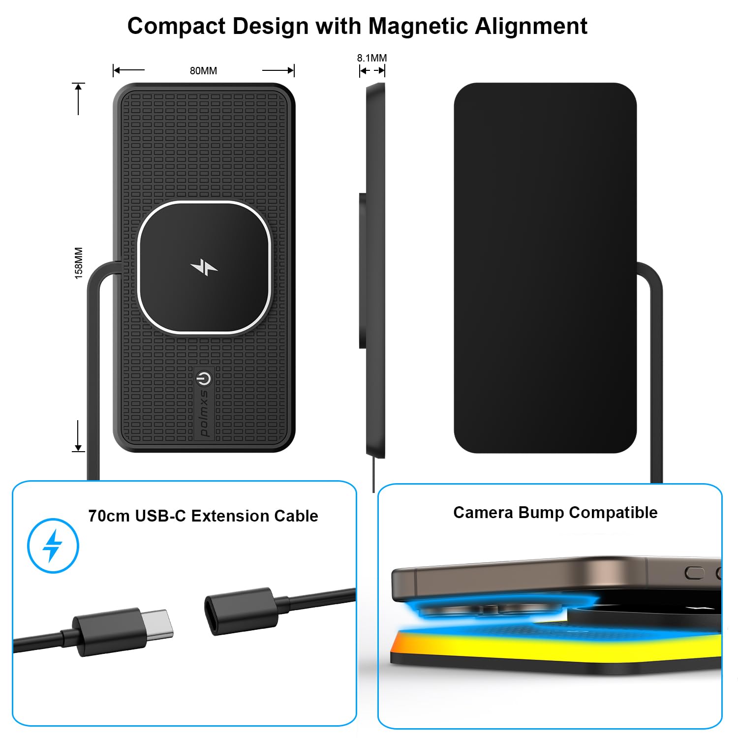 Tappetino di Ricarica Wireless Auto RGB per MagSafe, Polmxs Caricatore Wireless Auto Magnetico da 15W con LED, Cavo da 30cm + Prolunga da 70cm Compatibile con iPhone 16–12 Pro, AirPods (K1MAG)