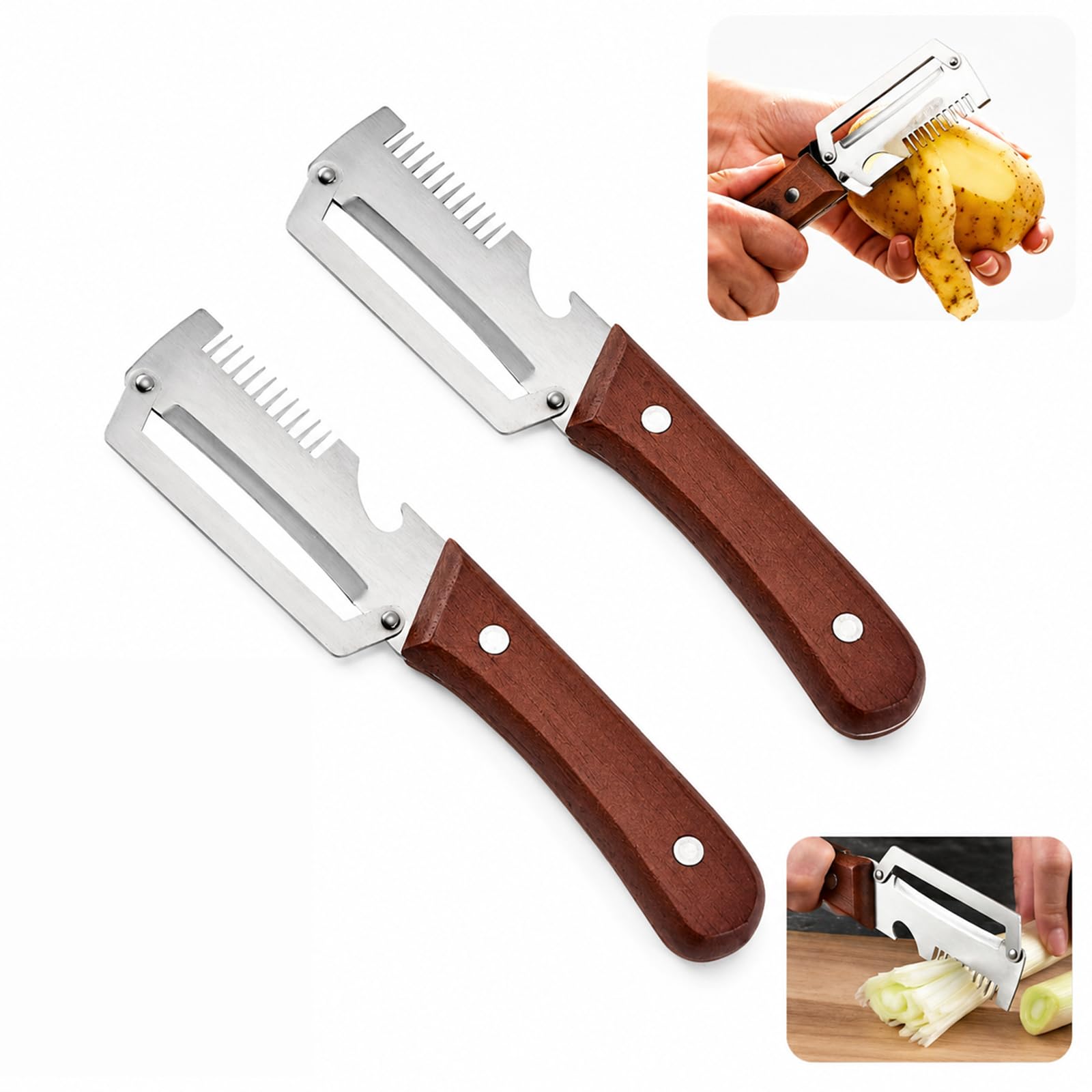 Photo 1 of 2 Packs Premium Vegetable Peeler with Wooden Handle and Bottle Opener, Multi-Functional Kitchen Gadgets Tool for Fruit Pumpkin Potato Carrot Veggie