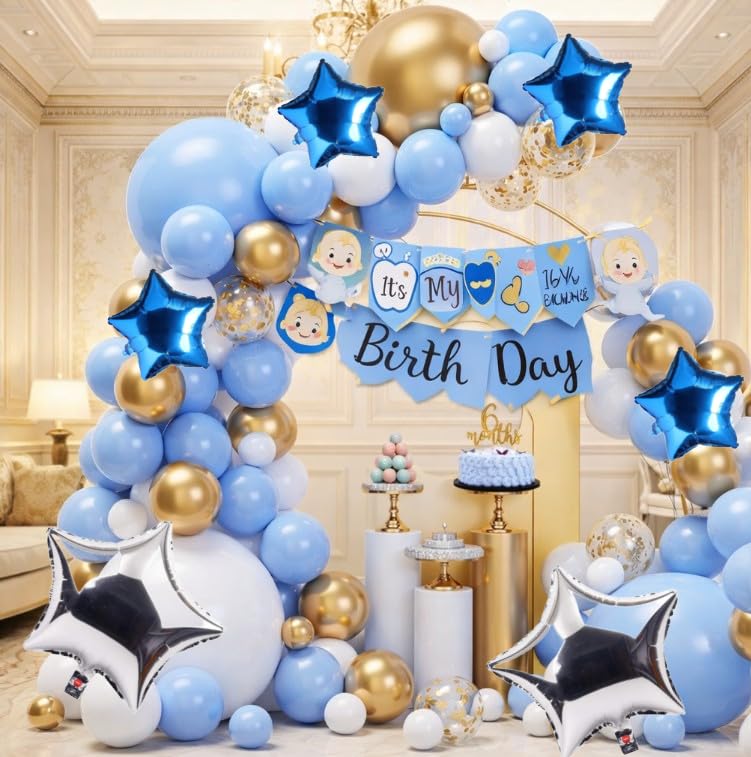 GROOVY DUDZ Baby Boy Half Birthday Decoration Kit – Half Birthday Banner, Blue & White Balloons, Gold Chrome, Confetti & Star Foil Balloons with Pump for 6 Month Birthday Party Decoration-image-34