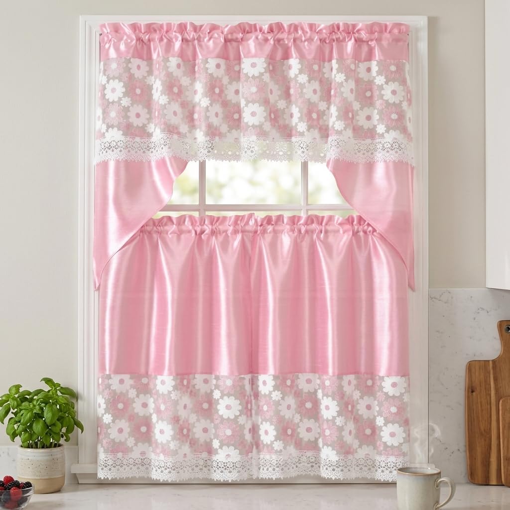 American Linen 3-Piece Floral Daisy Embroidered Curtain Set (Pink) | 3-piece curtain set with matching valance and tiers. Floral embroidery, sequin accents, semi-sheer light-filtering fabric.