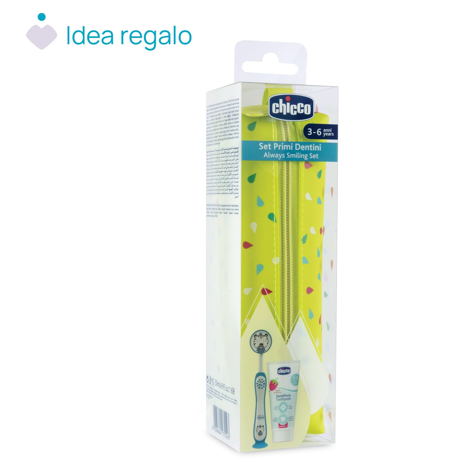 Chicco Set Spazzolino e Dentifricio per Bambini, Con Pratico Astuccio, Set Comprende Dentifricio Al Gusto Fragola e Spazzolino con Setole Morbide e Ventosa, Set da Viaggio, 3-6 Anni, Azzurro
