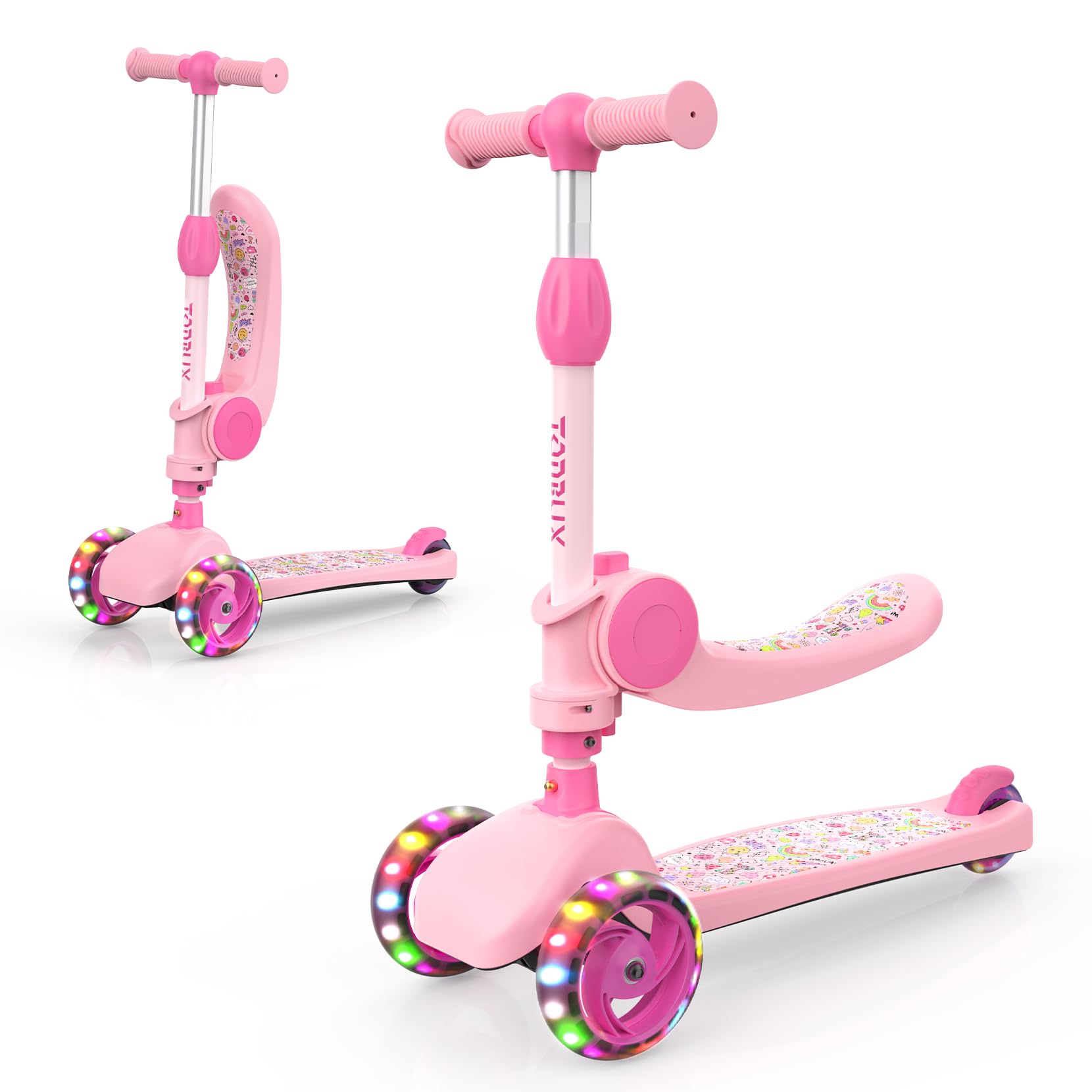 3 Wheel Scooter for Kids Girls Toddler Boys, TONBUX Kids Scooter With Big Wheels, Flashing LED Lights, 4 Levels Height Adjustable, Wide Deck, Foldable Seat