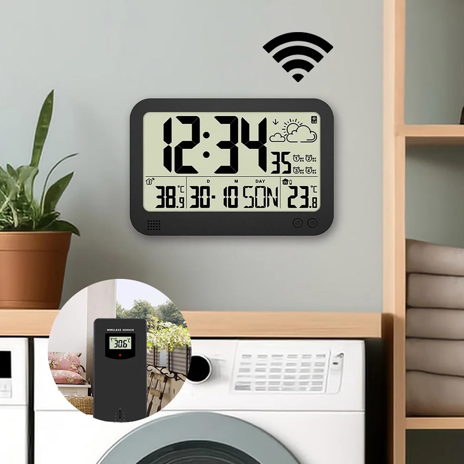 Orologio da parete con stazione meteorologica, allarme digitale, orologio elettronico, temperatura, orologi da parete a batteria o orologi da scrivania per camera da letto, soggiorno, ufficio