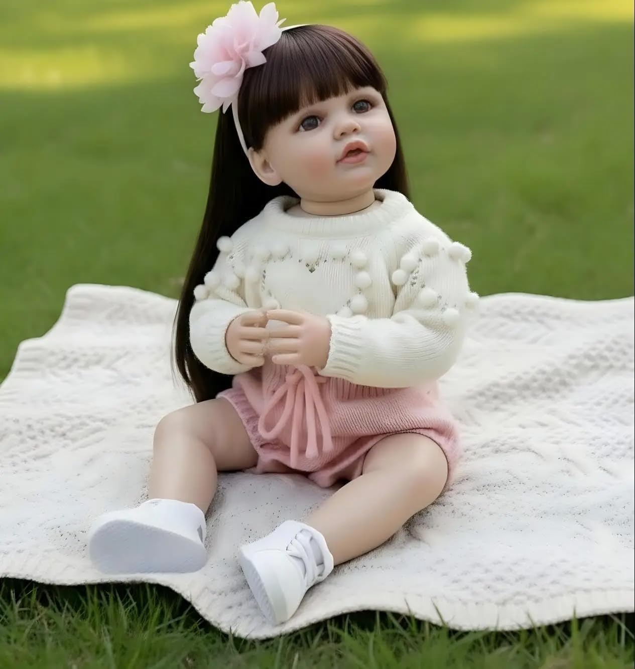 22 inch Reborn Dolls Full Body Silicone Realistic Baby Doll Eyes Open Look Real Size Toddler Babies Girl with Long Hair Anatomically Correct Reborn Baby Doll Posable Toy for Children Age 3+