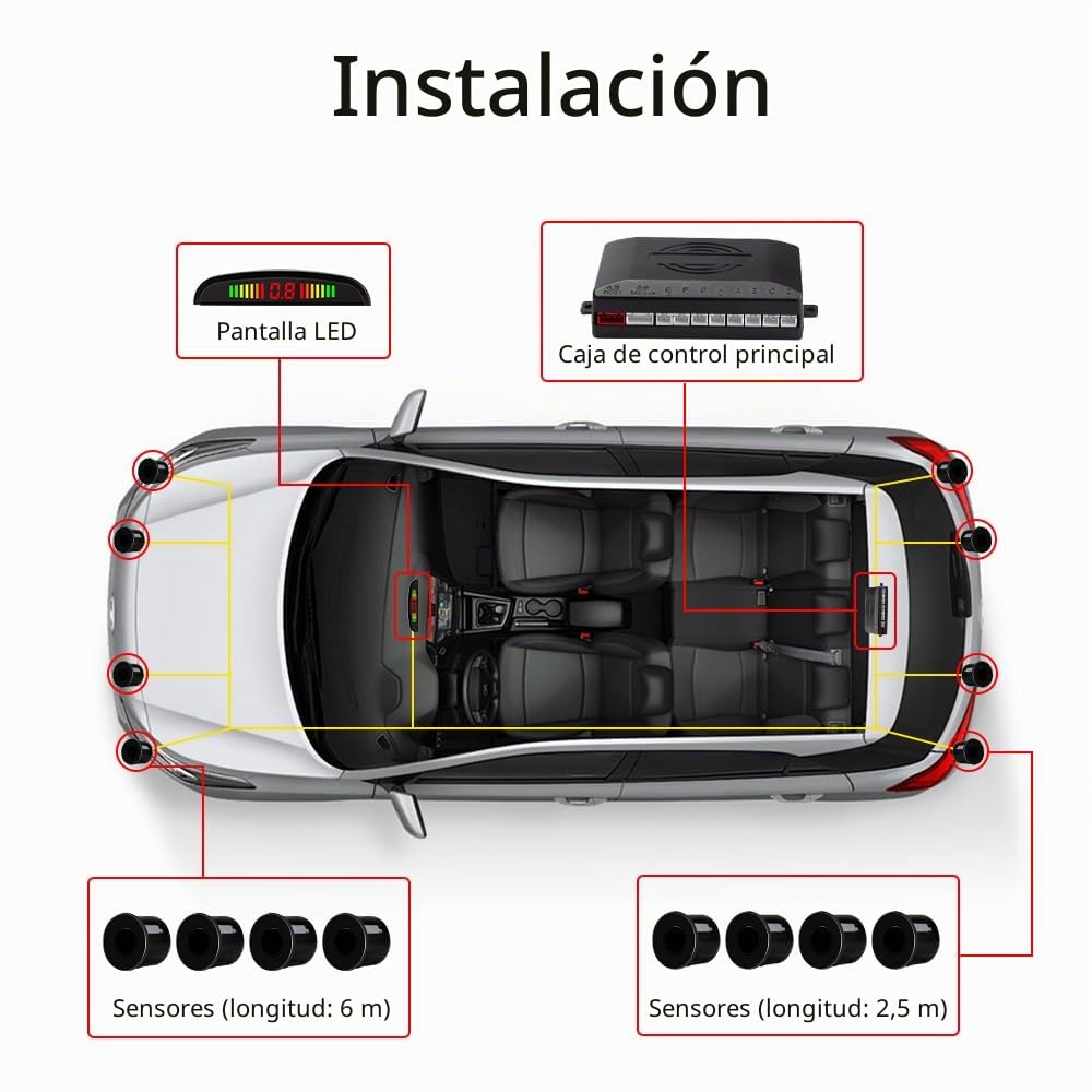 Sensores de Aparcamiento, 8 Sensores Delanteros y Traseros con Avisador Acústico de Distancia en Pantalla LED(8 Sensores, Negro)