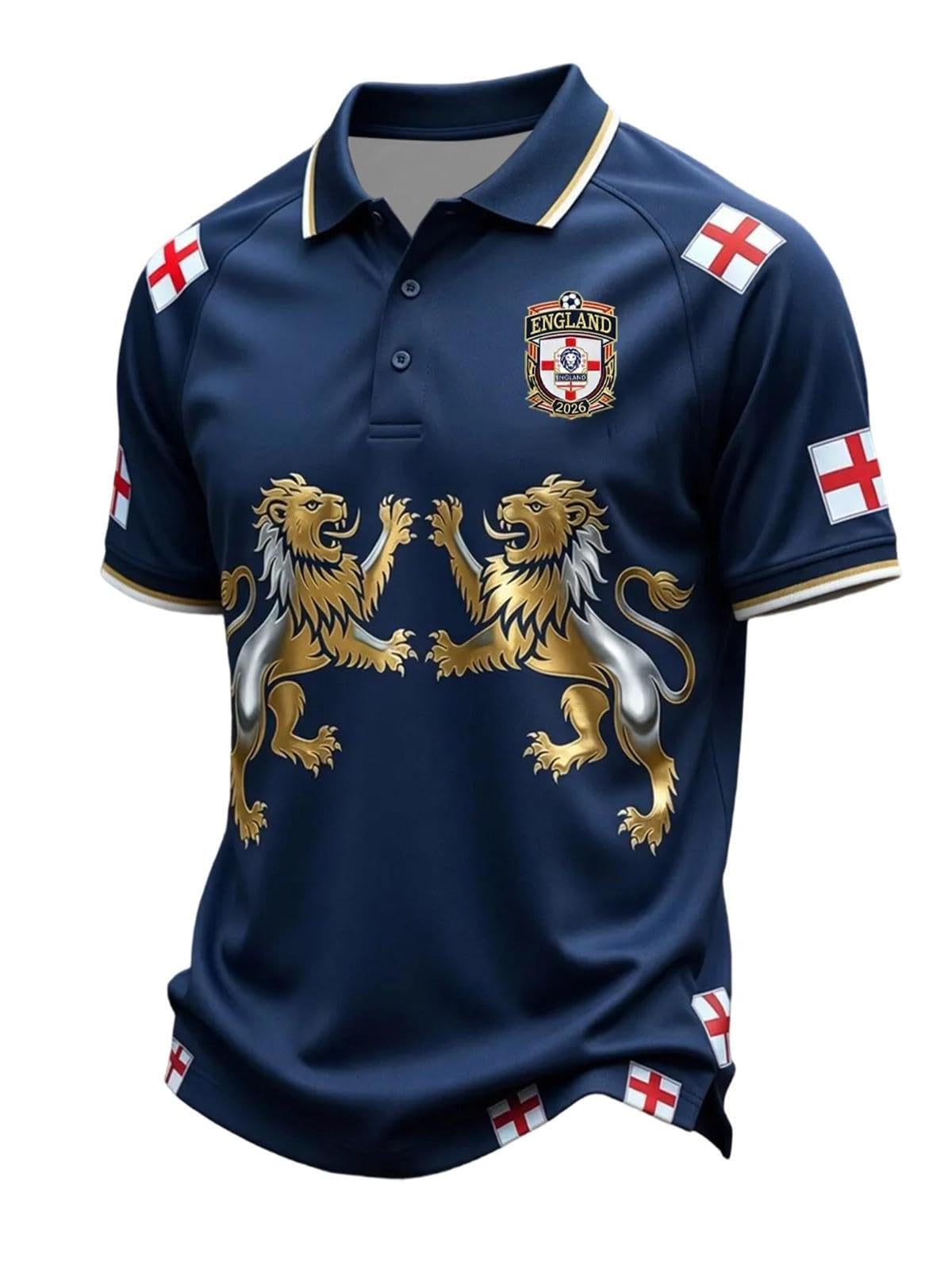 England Football Shirt 2026 Lion Print Short Sleeve Polo Shirt for Supporters of Football Casual National Flag Print Button Down Collar Top Outdoor Sports Shirts for Men