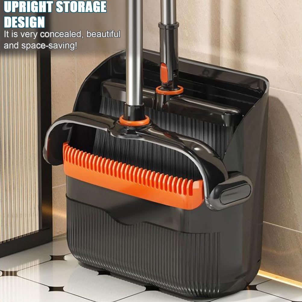 Broom and Dustpan Combo Set - Angle Design Broom and Dust Pan with Built-in Comb Teeth - Upright Stand Up Sweeping Set for Home Kitchen Office Hall Floor