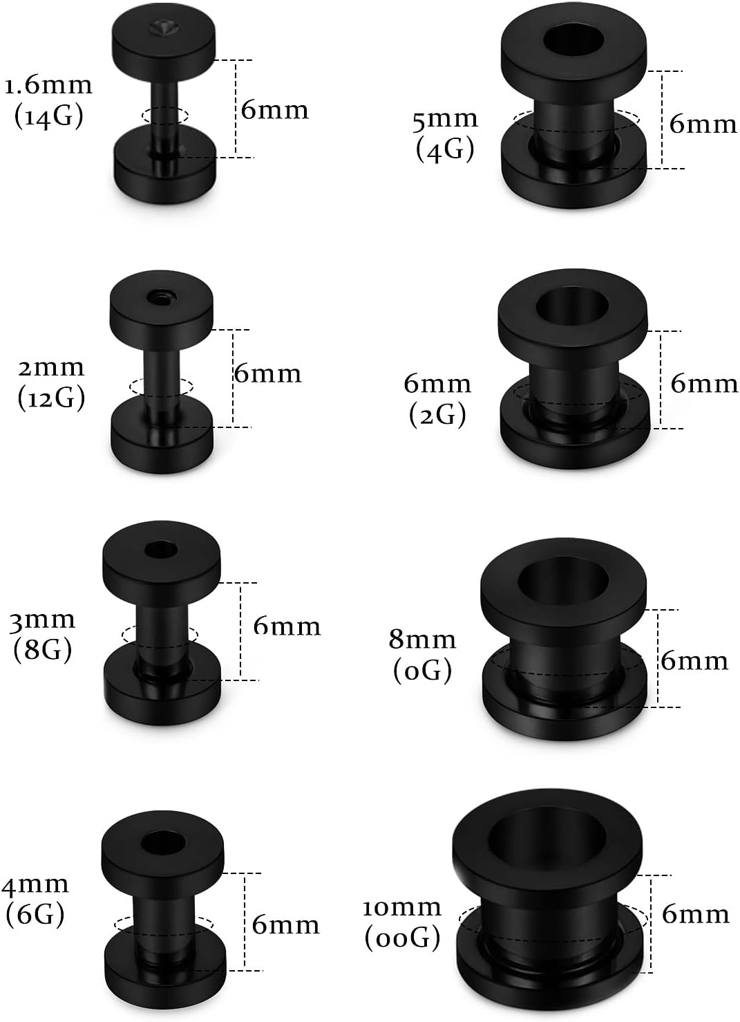 Vsnnsns 14G 12G 8G 6G 4G 2G 0G 00G Ear Tunnels Stainless Steel Ear Gauges Screw Fit Ear Plugs Tunnels Gauges Set 1.6MM 2MM 3MM 4MM 5MM 6MM 8MM 10MM Gauges for Ears Silver Black Rainbow