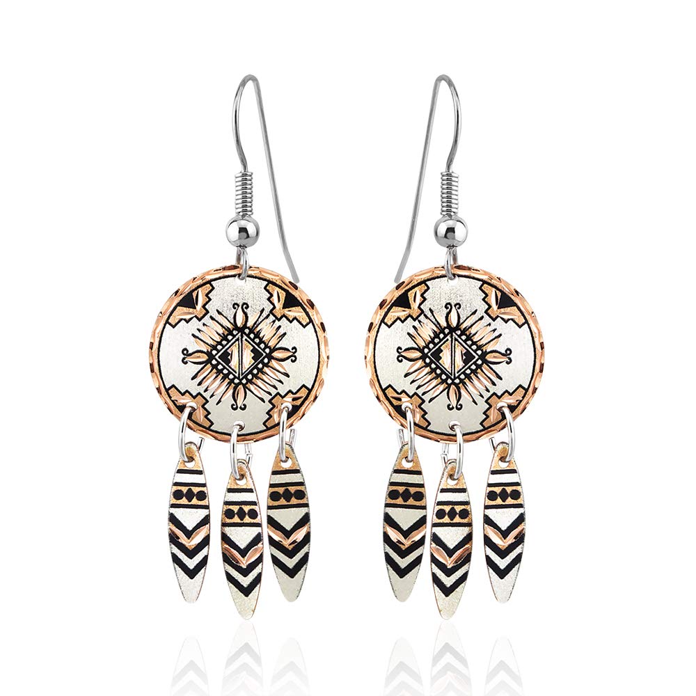 Artisan Crafted Southwest Native American Inspired Sunburst Earrings with Three Ornated Copper Southwest Motiff Earrings