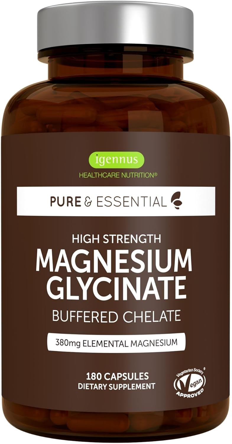 Igennus Highest Strength Chelated Magnesium Glycinate 1300mg, 380mg Elemental, 90 Servings, Pure & Clean Buffered Magnesium Bisglycinate, Vegan, 180 Capsules