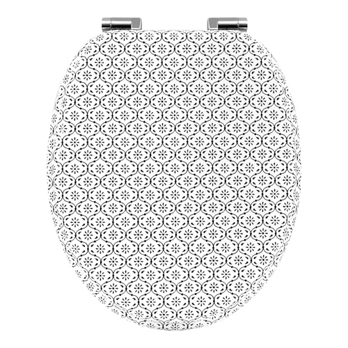 WOLTU Toilet Seat with Soft-Close Mechanism, Wood, Toilet Seat, O-Shape with Hinges, Quick Release Function for Easy Cleaning, Tile Pattern Motif