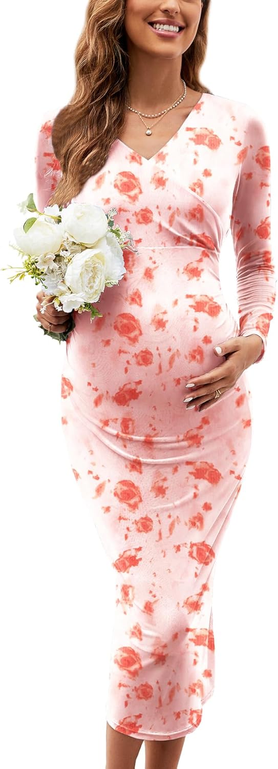 Maternity Cocktail Dress Sparkly Mesh Wrap Bodycon Baby Shower Wedding Guest Pregnancy Fall V Neck Formal