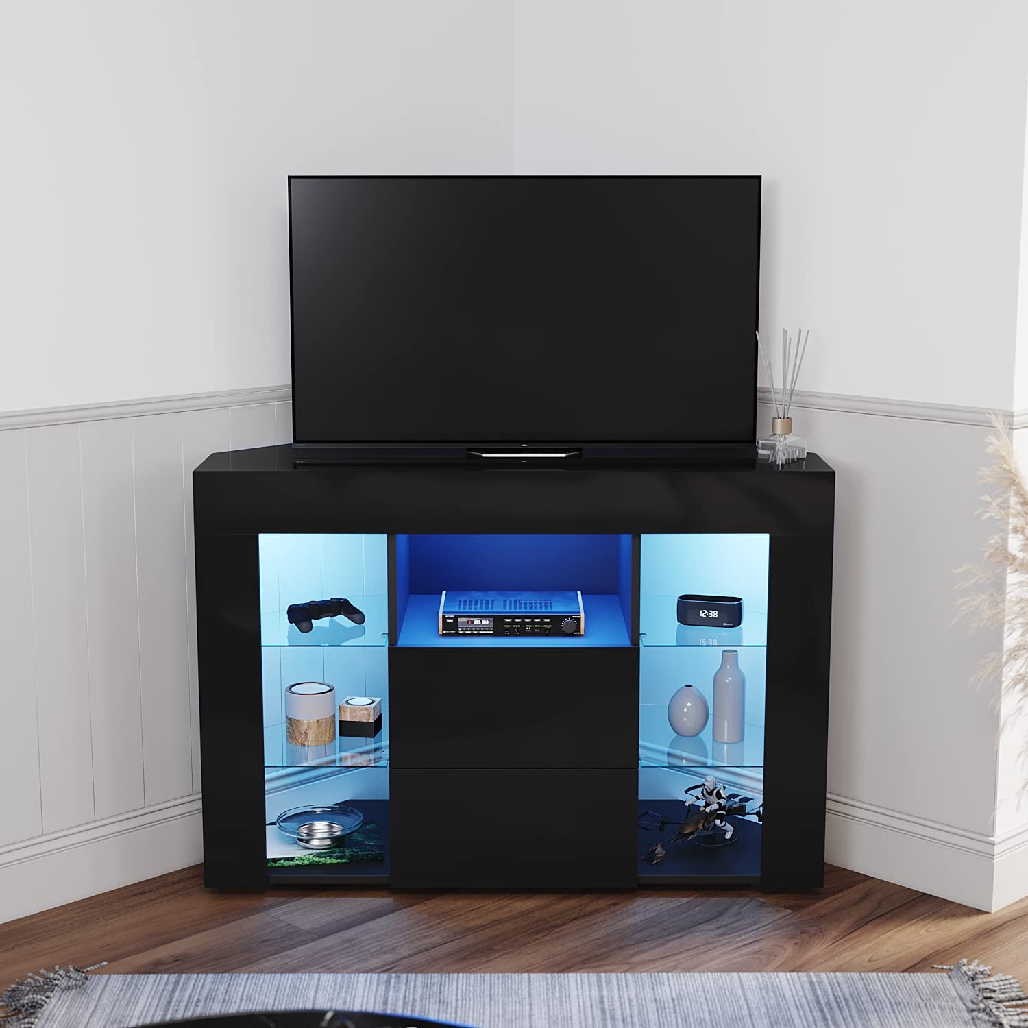 Buy ELEGANT Corner TV Stand with RGB Lights, 100cm High Gloss Black TV