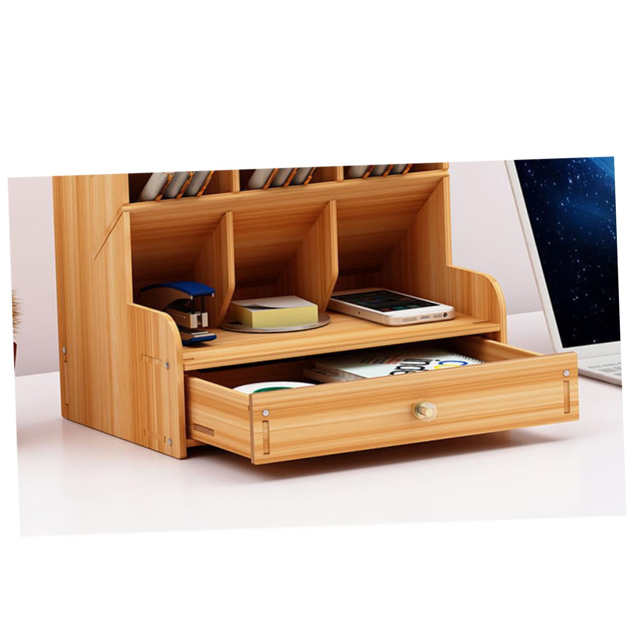 Cabilock Organizer Scrivania in Legno Massello con Scomparti Multipli Porta Penne Grande Capacità per Ufficio e Casa Design Semplice e Moderno in Ciliegio