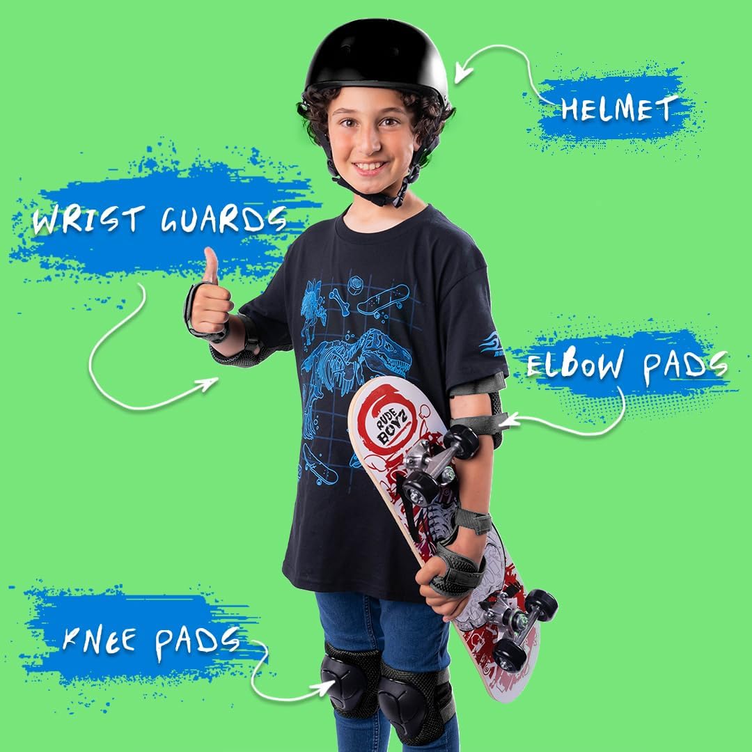 Kids Skateboard Bike Helmet Pads Set Protective Gear from Rude Boyz - Knee Pads Elbow Pads Wrist Pads Set for Youth Boys Girls