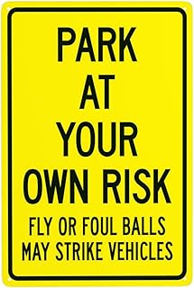 Park At Your Own Risk Fly Or Foul Balls May Strike Vehicles Metal Warning Signs, Cautions Security Tin Sign, Safety Posted Signs, Perfect for Street Business Wall Decor 8 x 12 Inch