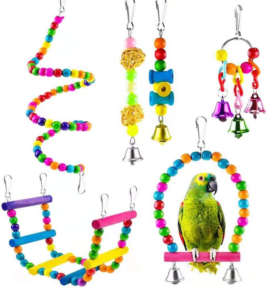 Birds Parrot Swing Toys 6pcs, Rattan Chewing Hanging Perches Bird Cage Hammock Swing Toy Bed Ladder Budgie for Small Parrots, Conures,…
