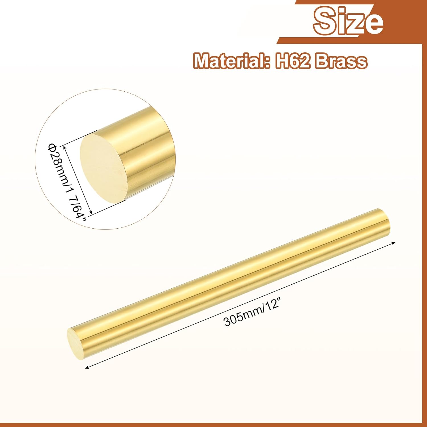 uxcell 1 Pcs 1 7/64"(28mm) Dia Brass Solid Round Rod, 12"(305mm) Length H62 Brass Lathe Bar Stock Round Brass Rod for DIY Crafts Industry Construction