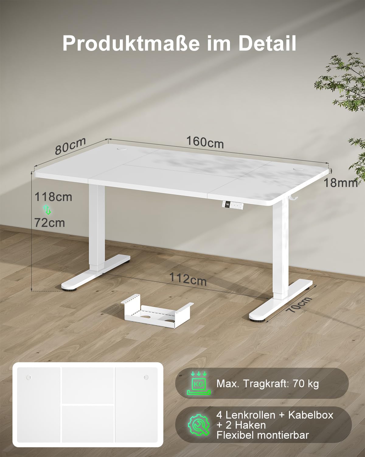 Devoko Höhenverstellbarer Schreibtisch 160x80cm mit Typ-C Ladeanschluss, Mobiler Elektrisch Computertisch mit Kabel Management Tray und 3-Funktions-Memory, Weiß