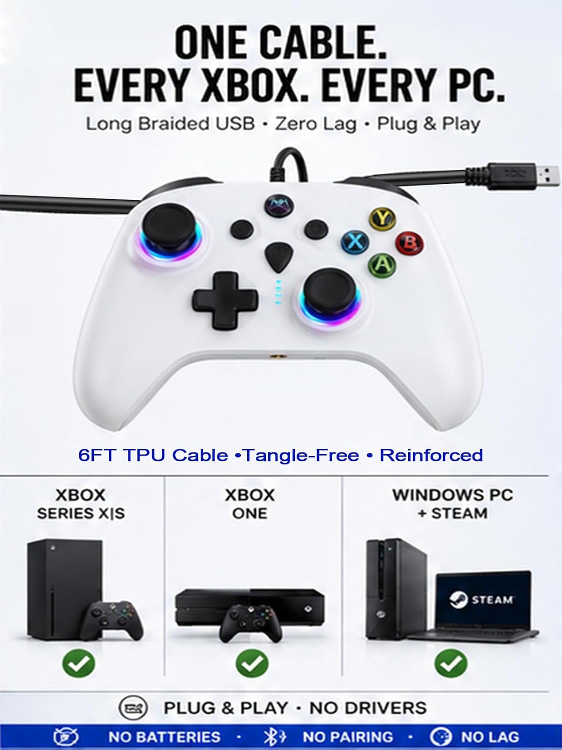 Enstixsm Wired Controller for Xbox,Turbo Macro,RGB Light,Gaming,White | No Drift Joystick,14 Custom Buttons,Vibration,3.5mm Audio Jack,Steam Remote Gamepad for Xbox One,Series X,S ,PC,Plug Play 4 613qaTNin1L. SL1500